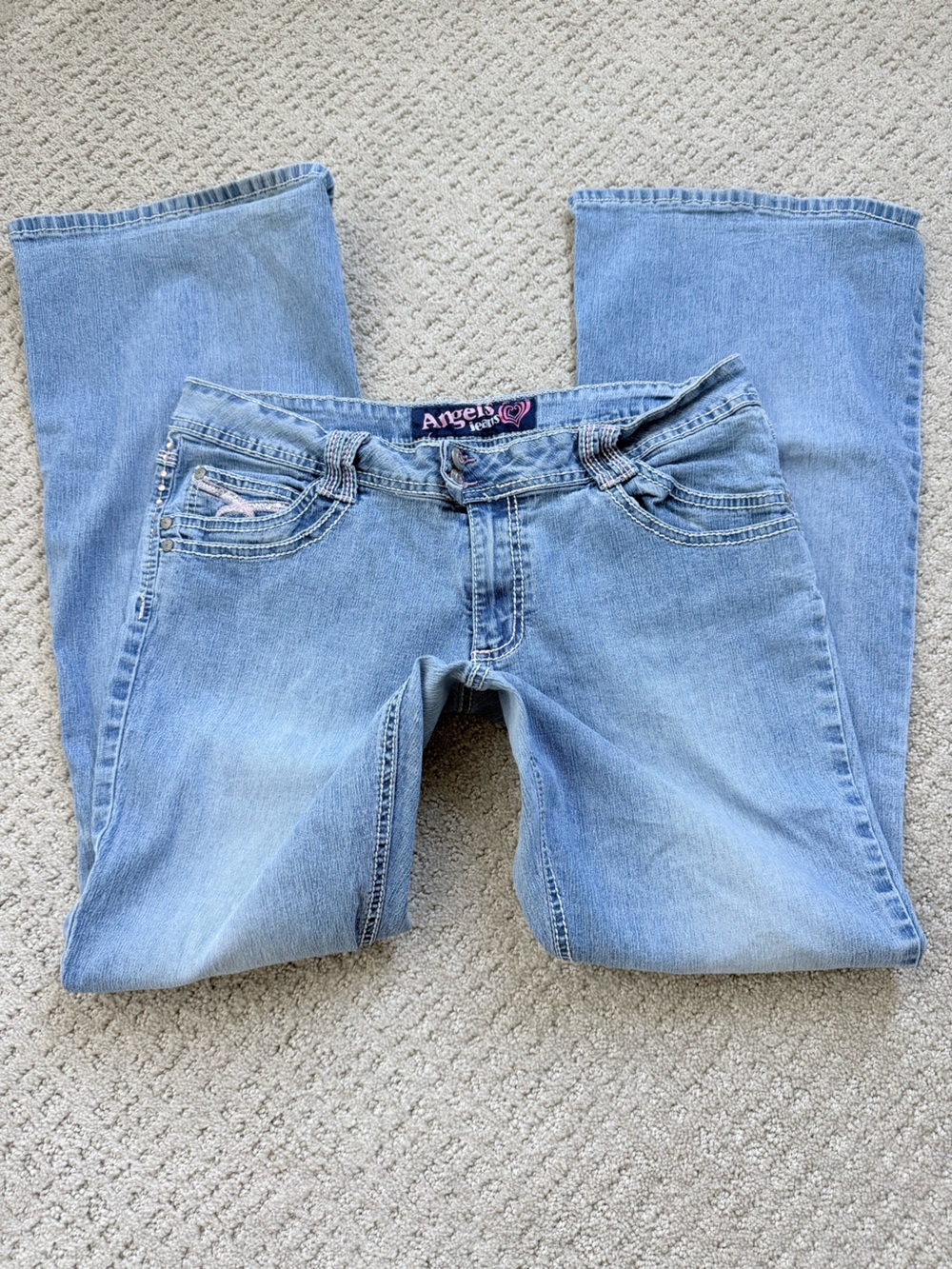 Y2K vintage Angels Boot Cut Jeans in Light Blue Denim with pink accents